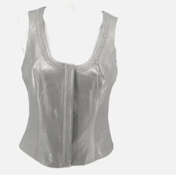 Vintage Cache' Soft Genuine Leather Zipped Front Vest Braided Trim Size 4 Grey - Picture 4 of 17